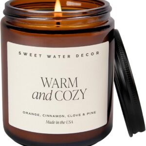 Sweet Water Decor Warm and Cozy Soy Candle – Orange Peel, Cinnamon, Ginger and Clove Scented Candles for Home – 9oz Amber Jar + Black Lid, 40+ Hour Burn Time, Made in The USA