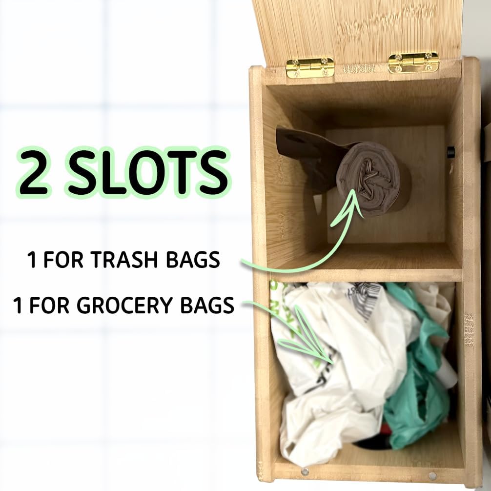 Trash Bag Dispenser & Grocery Bags Holder by Weneder - Bamboo 2 in 1 Kitchen Organizer for Garbage and Plastic Bags - Under Sink Storage, Over Cabinet Door and Wall Mounted - Wooden Home Organizers - Image 3