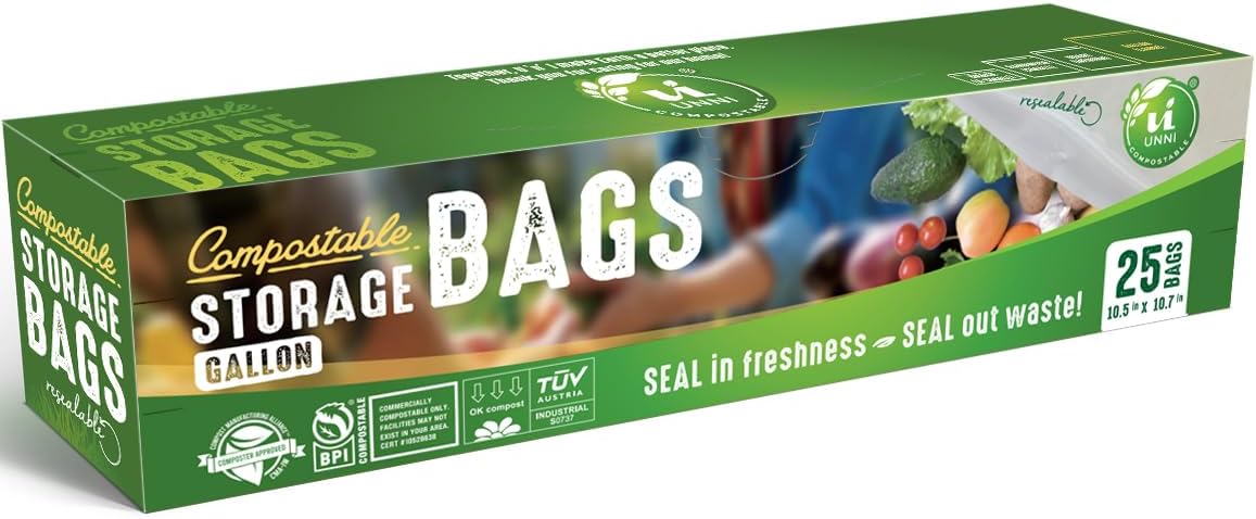 UNNI Compostable Storage Bags, Gallon, Resealable Compostable Food Storage Bags,100 Count,10.5 x 10.7 inches,Earth Friendly Highest ASTM D6400,US BPI, CMA & Europe OK Compost Certified, San Francisco - Image 2