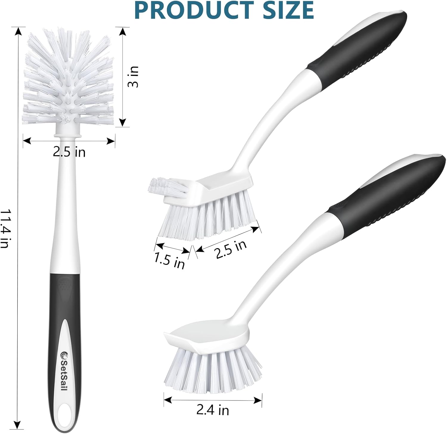 SetSail Dish Brush Set of 3 with Bottle Brush, Dish Scrub Brush with Long Handle Deep Cleaning Handle Brush with Scraper Tip for Kitchen Sink Dishes Bottle Cup Pot and Pans Tile Lines, Black - Image 3