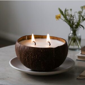 Double Wick | Soy Wax | Floating Candles | Real Coconut Shells | Perfect Indoor & Outdoor | Aromatherapy | Vanilla | Sustainable & Vegan | No Paraben | Set of 2 | Handmade | 100% Biodegradable |