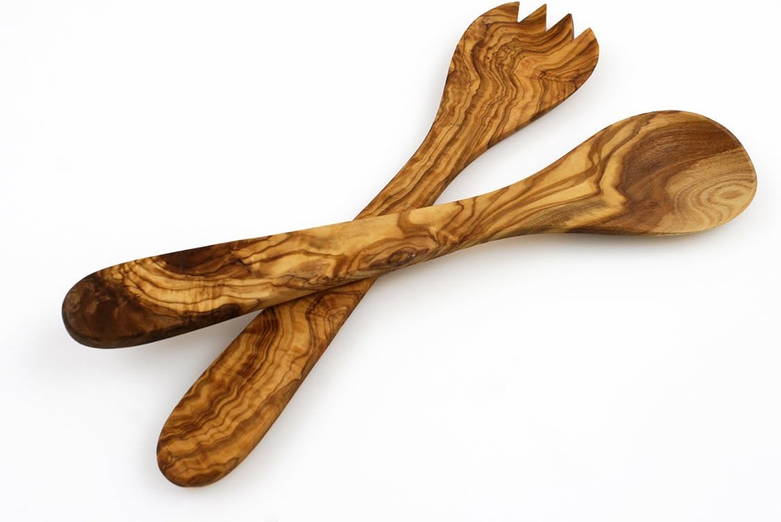 Tramanto Olive Wood Salad Server Set - 12 Inch Wooden Tongs - Rustic French Style - Image 2