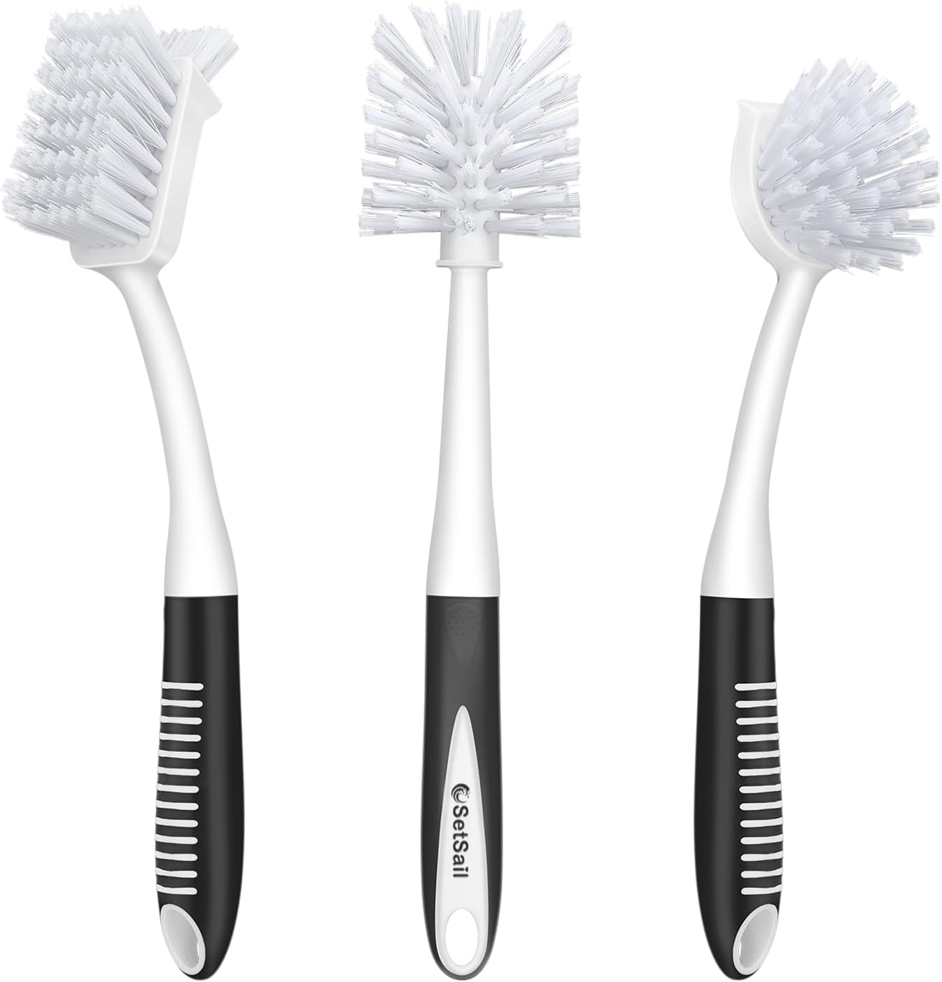 SetSail Dish Brush Set of 3 with Bottle Brush, Dish Scrub Brush with Long Handle Deep Cleaning Handle Brush with Scraper Tip for Kitchen Sink Dishes Bottle Cup Pot and Pans Tile Lines, Black - Image 2