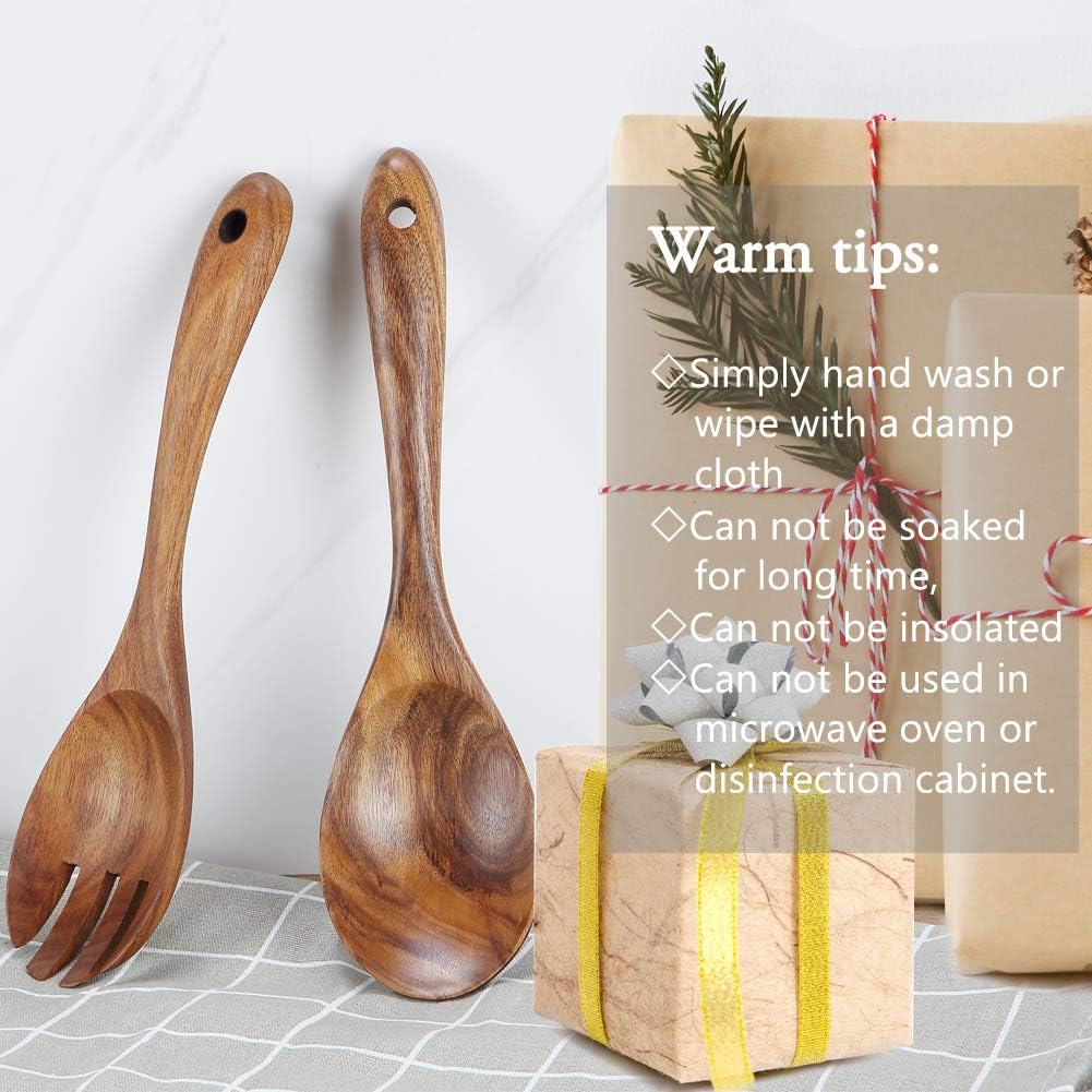 KALINCO Wooden Acacia Salad Servers with Salad Spoon and Fork Set Cooking Utensils for Kitchen (Natural Handmade Cookware) (salad servers) - Image 3