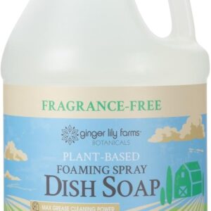 Ginger Lily Farms Botanicals Plant-Based Foaming Spray Dish Soap, Concentrated Formula with Max Grease Cleaning Power, Cruelty-Free, Fragrance-Free, 1 Gallon Refill (128 Fl Oz)