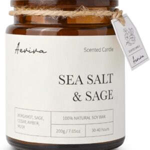 Scented Candle, 7.05 oz Sea Salt & Sage Aromatherapy Candle, Natural Soy Wax with Wooden Wick, Candles for Home Scented, Stress Relief Amber Jar Candle Gifts