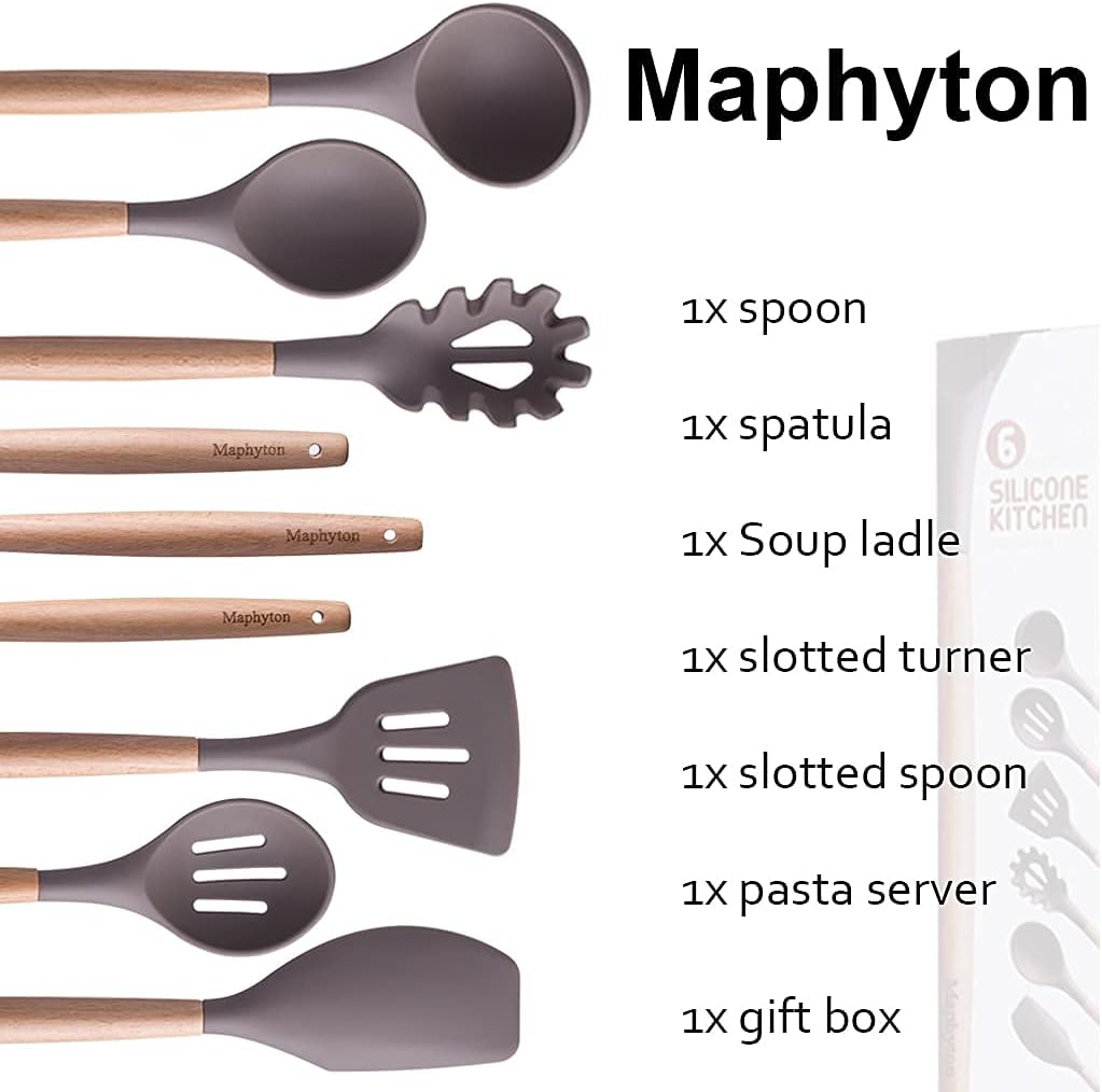 Mapthon Silicone Cooking Kitchen Utensils Set 6 PCS with Wooden Handle for Non-Sticker Cookware Heat-Resistant Kitchen Gadgets Serving Spoons, Slotted Turner, Spatula, Spaghetti Server(Grey) - Image 4