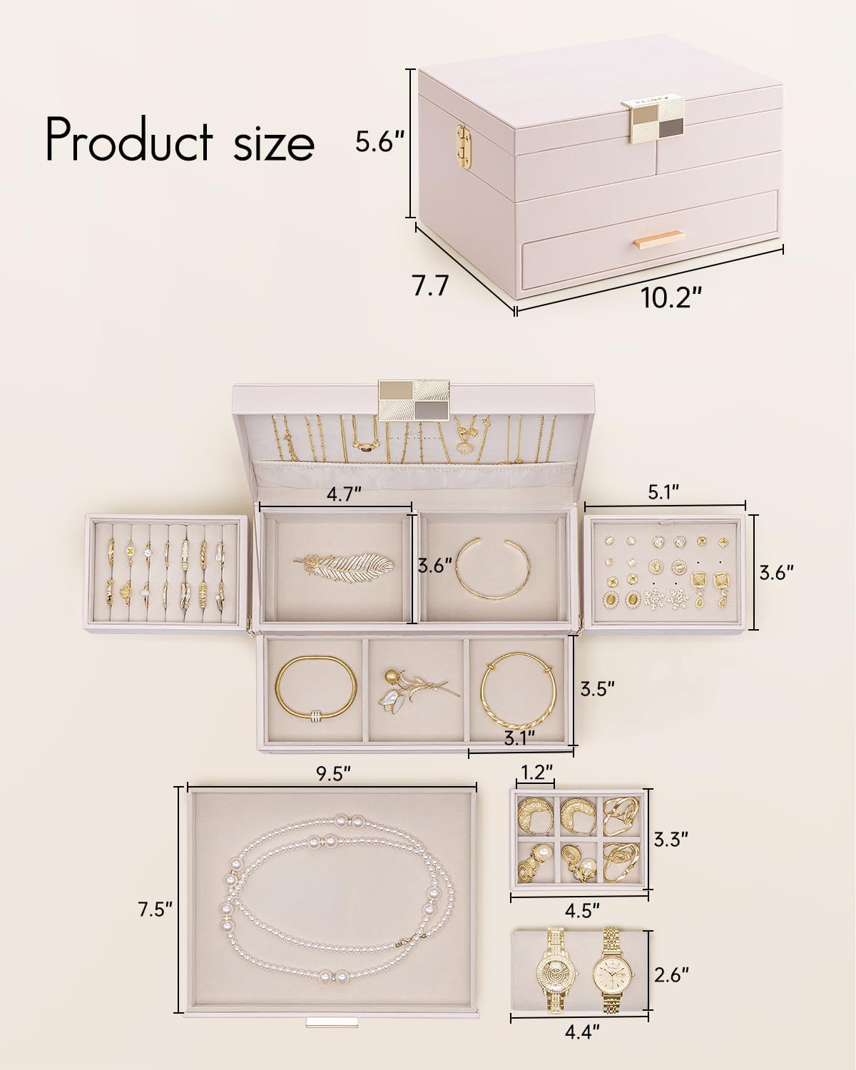 Vlando 3 Layer Jewelry Box - Women Jewelry Box with Retractable Tray - Jewelry Organizers with Drawer for Necklaces, Rings, Bracelets, Earrings, Gift for Couples Mom Girls - Pink - Image 6