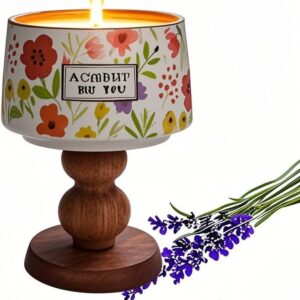 Handmade Lavender Soy Candle in Vintage Ceramic Mug – Eco-Friendly Aromatherapy Candle with Natural Essential Oils, Wood Base for Bedroom, Home Decor & Gifts (Floral Color 5oz, Non-Toxic)