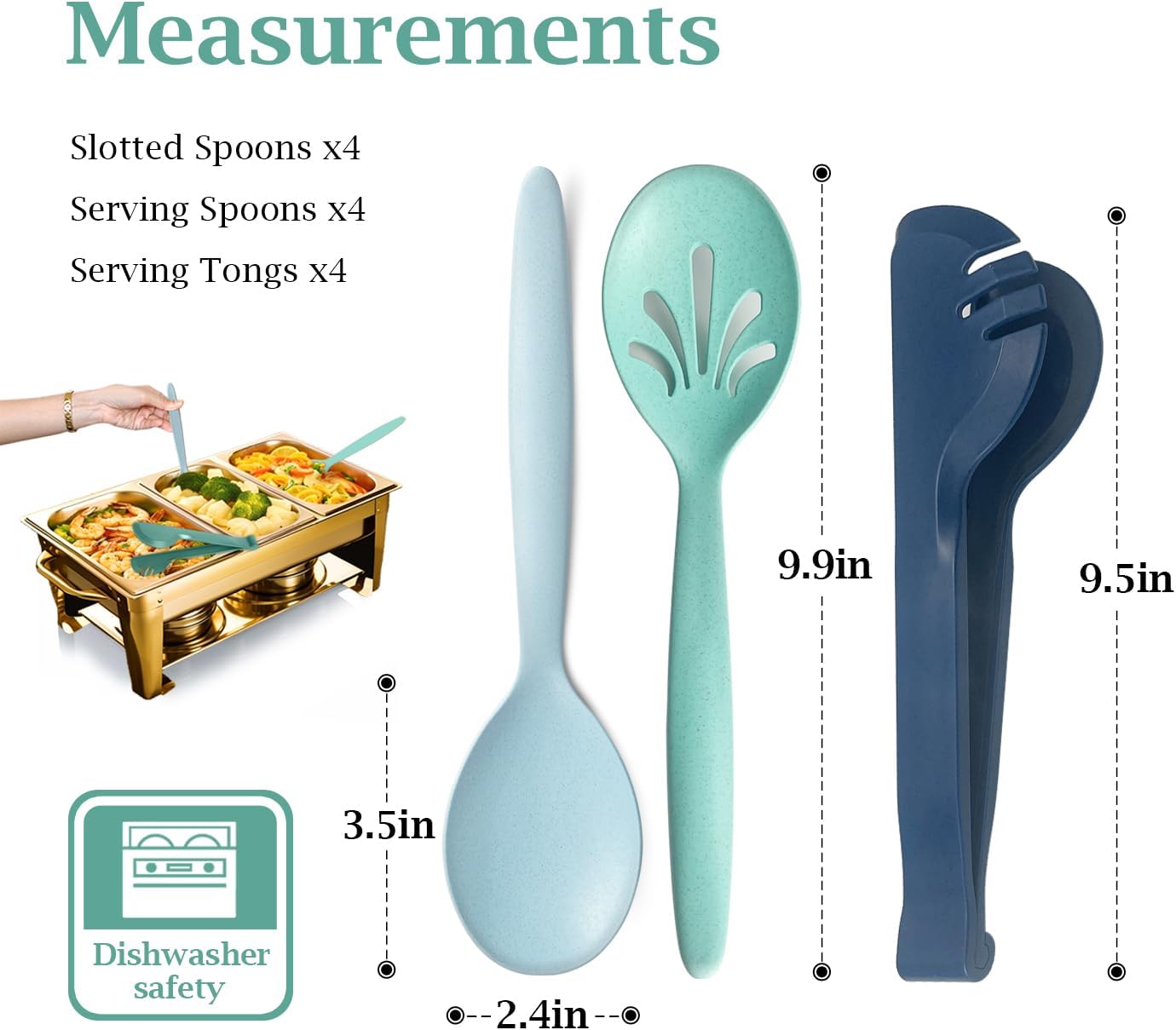 Reusable Plastic Serving Utensils Set of 12, Wheat straw Large Serving set 10" Serving Spoons/10" Slotted Spoons/9.4" Tongs, for Party Buffet Catering (Ocean, Not for Cooking) - Image 3