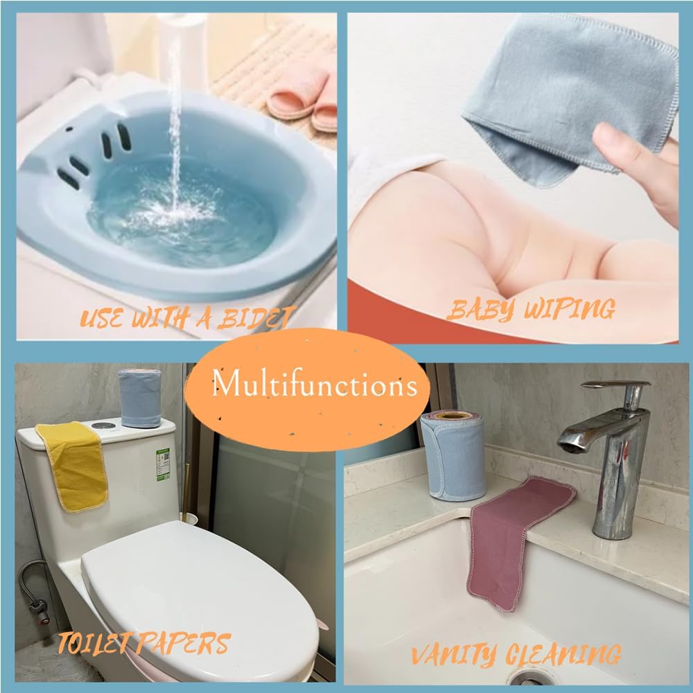 Reusable Toilet Paper Towels 24 Count Roll,Washable Absorbent No Tear Bidet Towels Cotton Cloth,Zero Waste Cleaning Supplies for Bathroom (Solid 4 Colors B) - Image 6