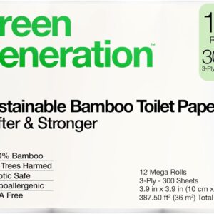 Green Generation Bamboo Toilet Paper -12 Roll, 3-Ply, 300 Sheets/Roll – Non Toxic Toilet Paper Organic Septic Safe – BPA Free Sustainable, Soft, FSC Certified – Home, Boat & RV Use