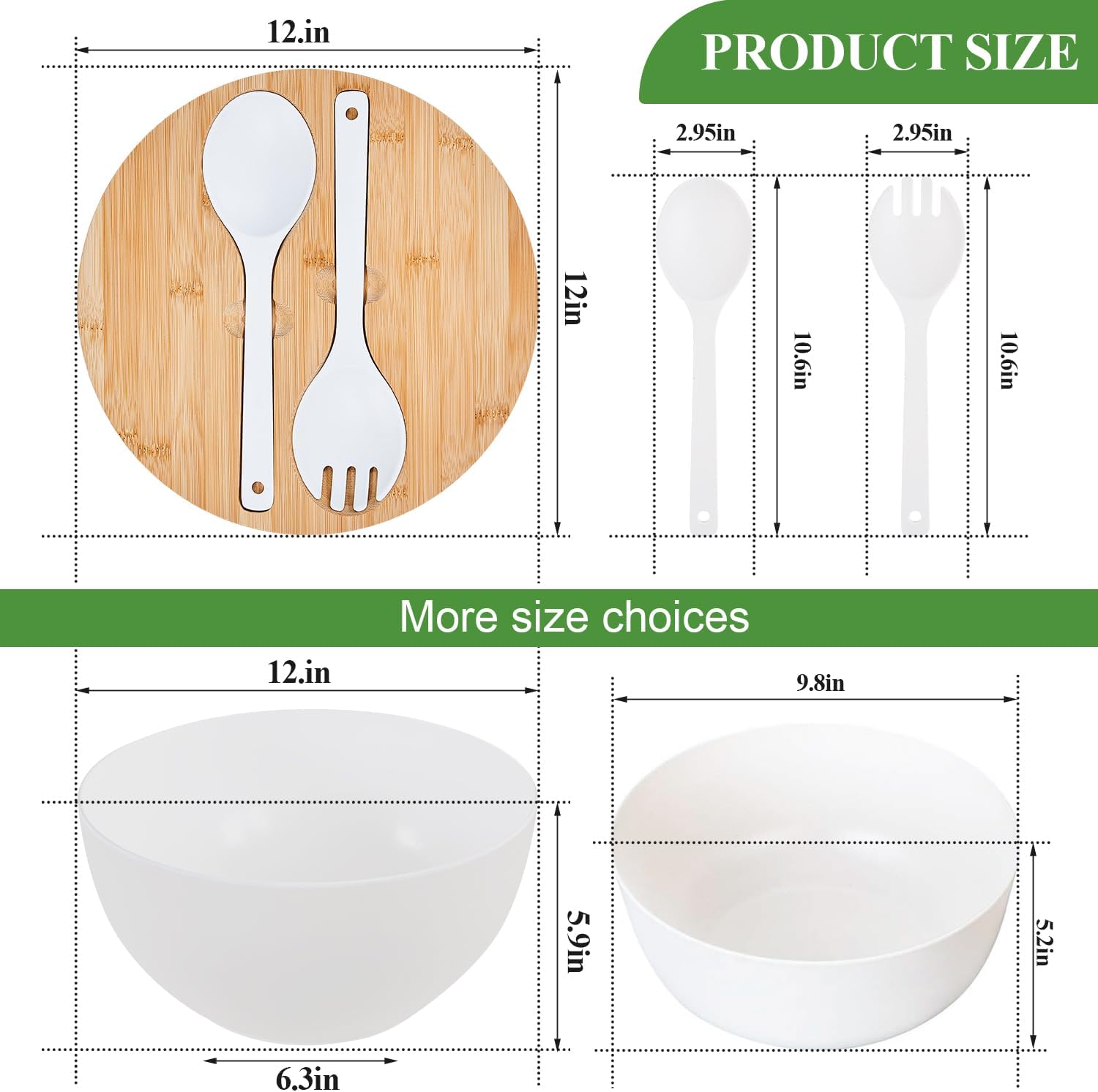 GEHE 12" Salad Bowls, Bamboo Fiber Salad Bowl with Lid, 7.7Qt Extra Large Mixing Bowls with Servers for Kitchen, Salad Serving Bowl Set with Utensils for Salad, Pasta, Fruits, Vegetables and Dessert - Image 3