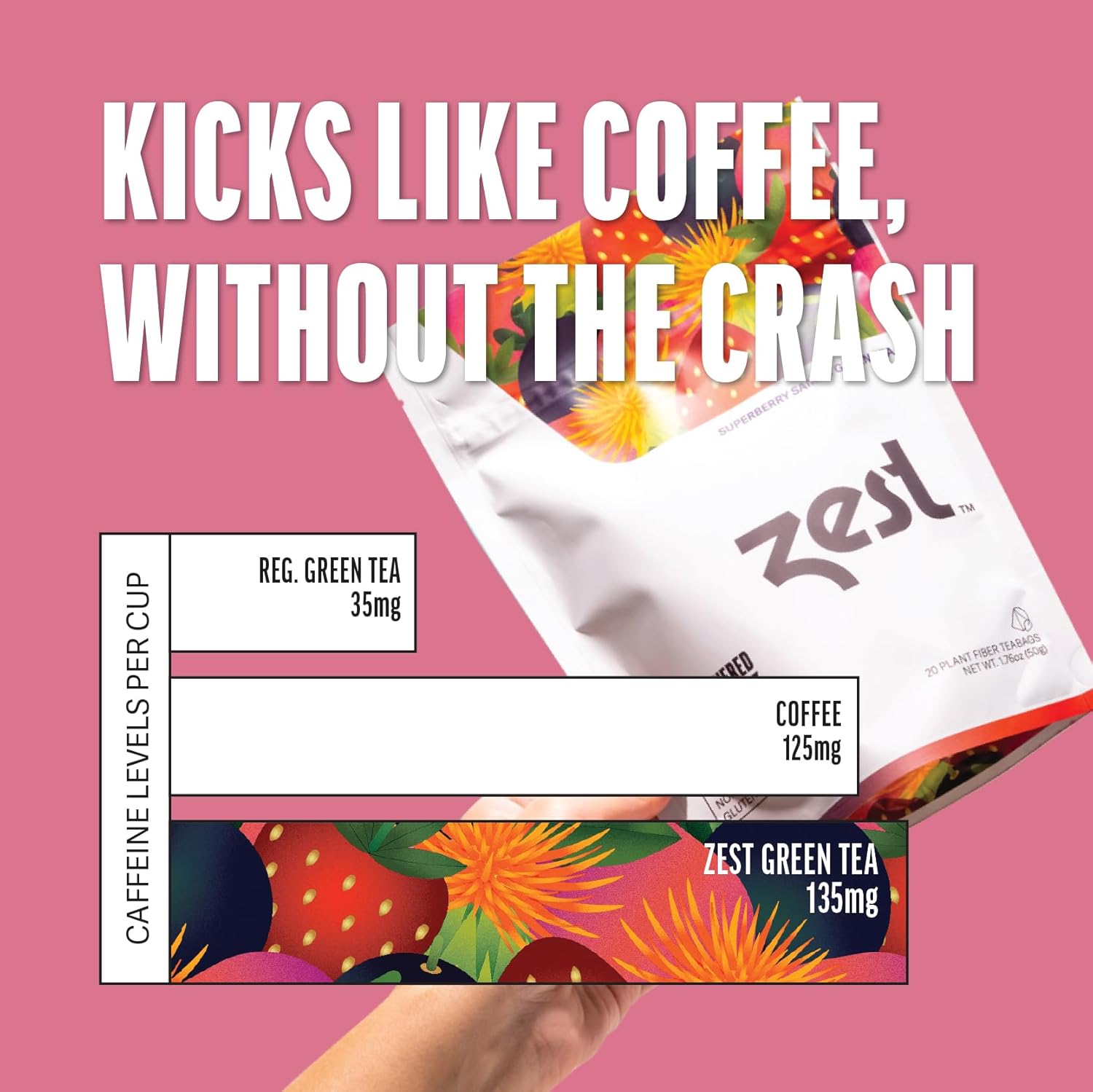 Zest Energy Green Tea - Superberry Samba - High Caffeine Strawberry, Acai, & Passion Fruit Tea - Caffeinated Coffee Altnernative with Antioxidants - Natural, Non-GMO & Keto - 20Ct Pack - 135mg Caf - Image 3