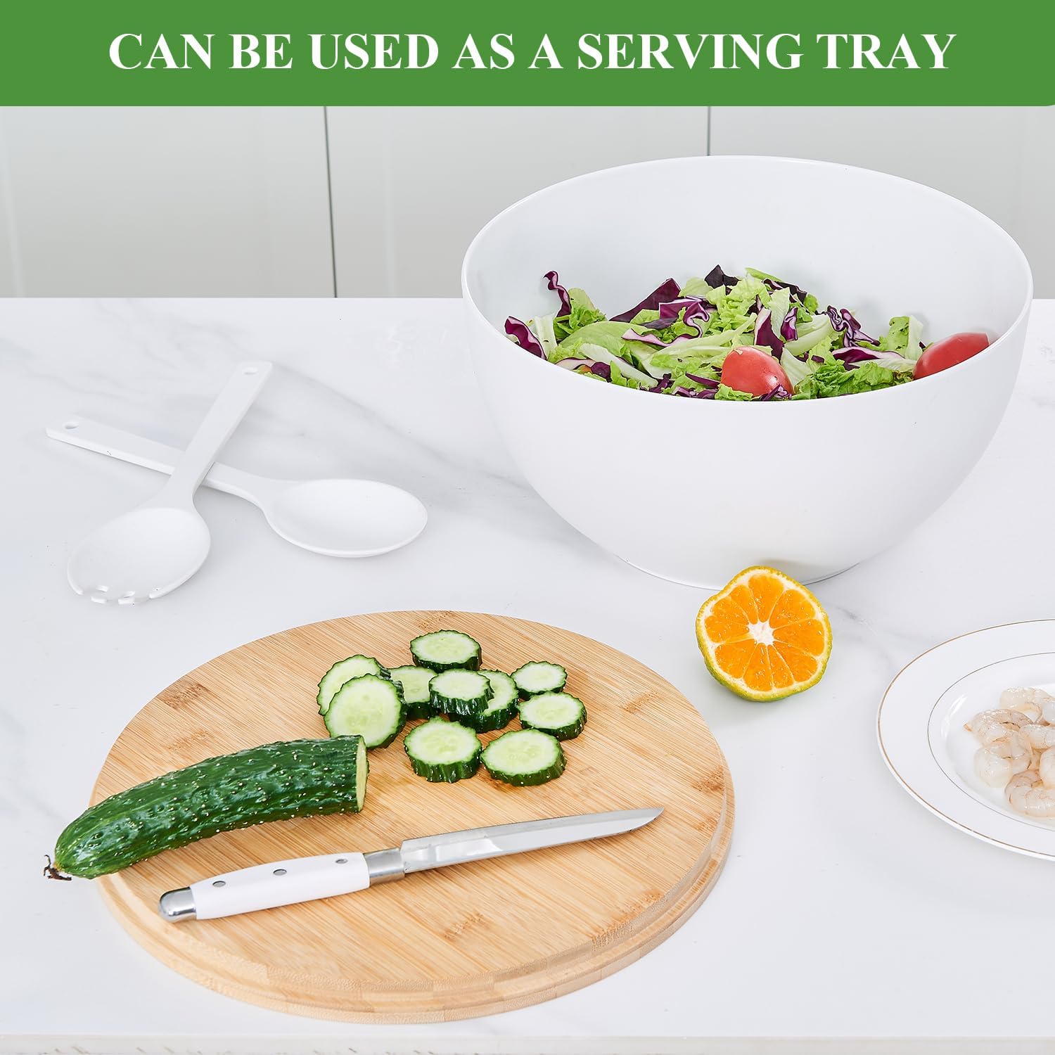 GEHE 12" Salad Bowls, Bamboo Fiber Salad Bowl with Lid, 7.7Qt Extra Large Mixing Bowls with Servers for Kitchen, Salad Serving Bowl Set with Utensils for Salad, Pasta, Fruits, Vegetables and Dessert - Image 7