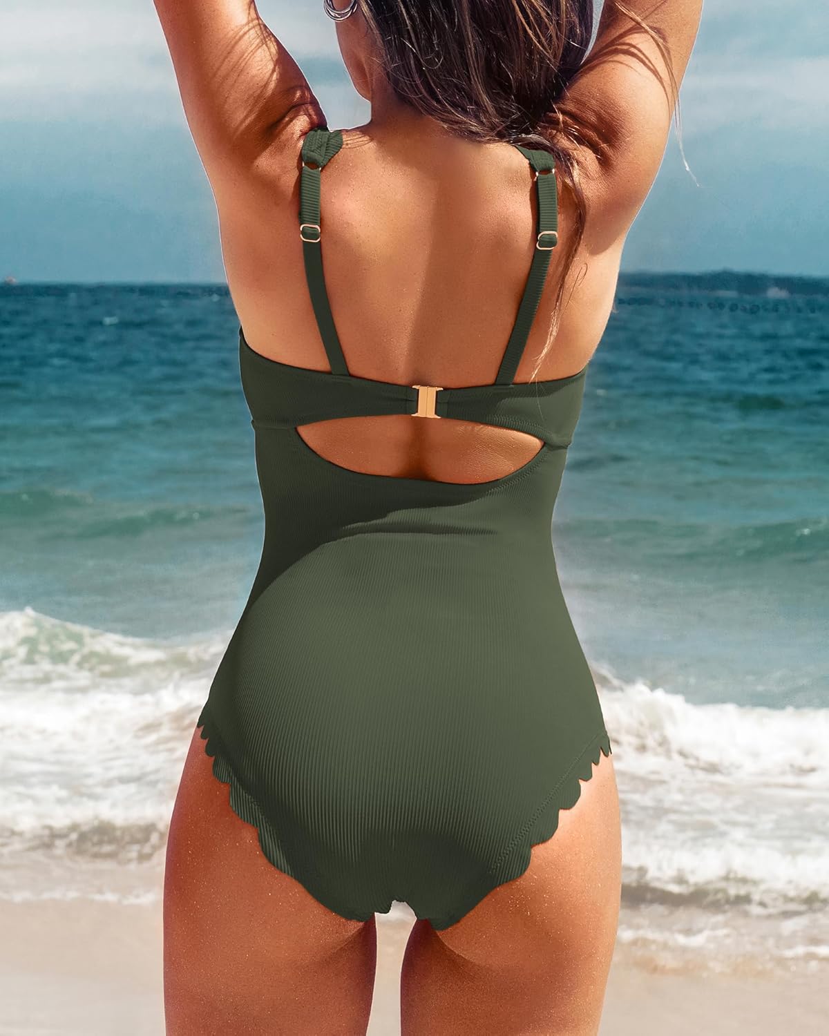 Charmo Womens Scalloped Ribbed One Piece Swimsuits Retro Square Neck Modest Bathing Suits - Image 2