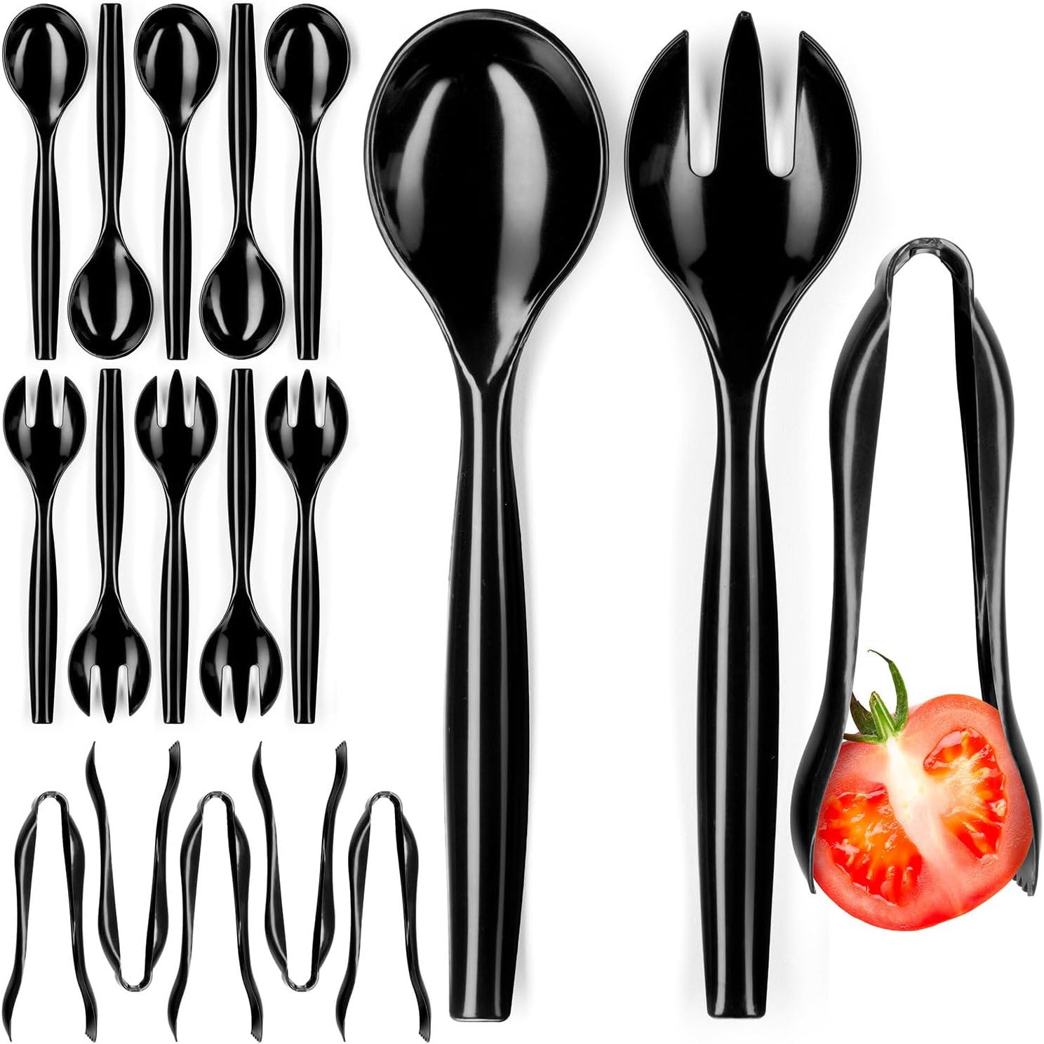 Disposable Plastic Serving Utensils - Set of 18 Black Plastic Utensils, 6 Each 6" Serving Tongs, 10” Serving Spoons, 10” Serving Forks, Buffet Serving Utensils, Party Utensils - Image 2