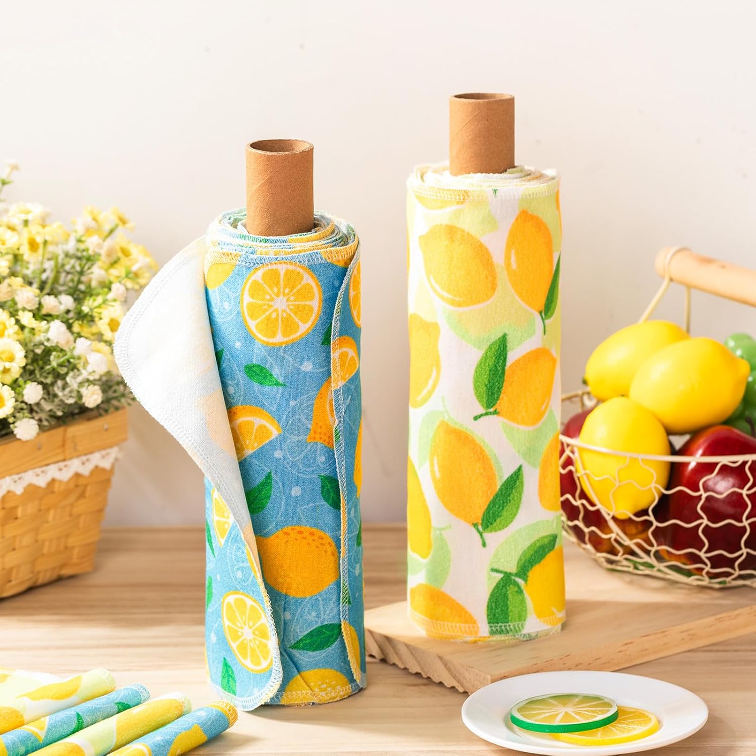 Redbaker 50 Pcs Reusable Paper Towels Paperless Reusable Cotton Cloths Toilet Absorbent Washable Paper Towels with Roll Kitchen Dishcloth for Kitchen Paperless Dishcloths(Lemon) - Image 2