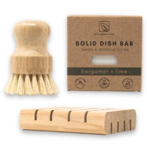 Dish Washing Bundle Kit | Eco-Friendly Solid Dish Soap, Cedar Soap Tray, Bamboo Pot Brush | Organic, Vegan, Non-Toxic Dish Soap | 3pc. Set