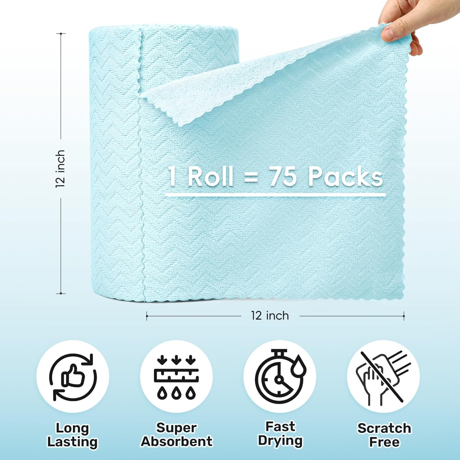 Microfiber Cleaning Cloths Roll, 75 Pack Tear Away Microfiber Towels Roll, 12" x 12" Lint Free Rags, Reusable Cleaning Cloths, Washable, Scratch Free,Ultra Absorbent Dish Rags(Blue Ripple) - Image 2