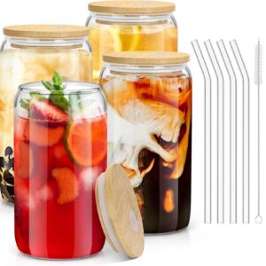sungwoo 4PCS Glass Cups with Bamboo Lids and Straws, 16OZ Ice Coffee Cup, Drinking Cup set with Wooden Lids, Home Essential Glass Tumblers for Beer, Cocktail, Tea and Latte Clear