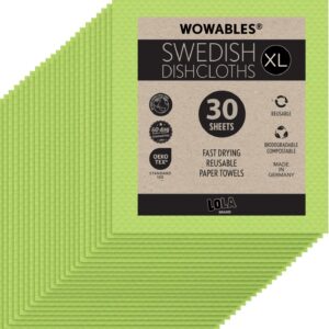 LOLA Wowables XL Swedish Dishcloths, 30 Reusable Eco Cleaning Cloths, 11″ x 10″, Ultra Absorbent Cellulose Sponge Towel, Compostable, Made in Germany