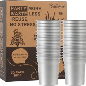 16oz Infinitely Recyclable Aluminum Cups – Premium Disposable & Reusable Metal Drinking Cups, Heavy Duty Aluminum Drinkware for Events, Parties, 30 Pack, Silver