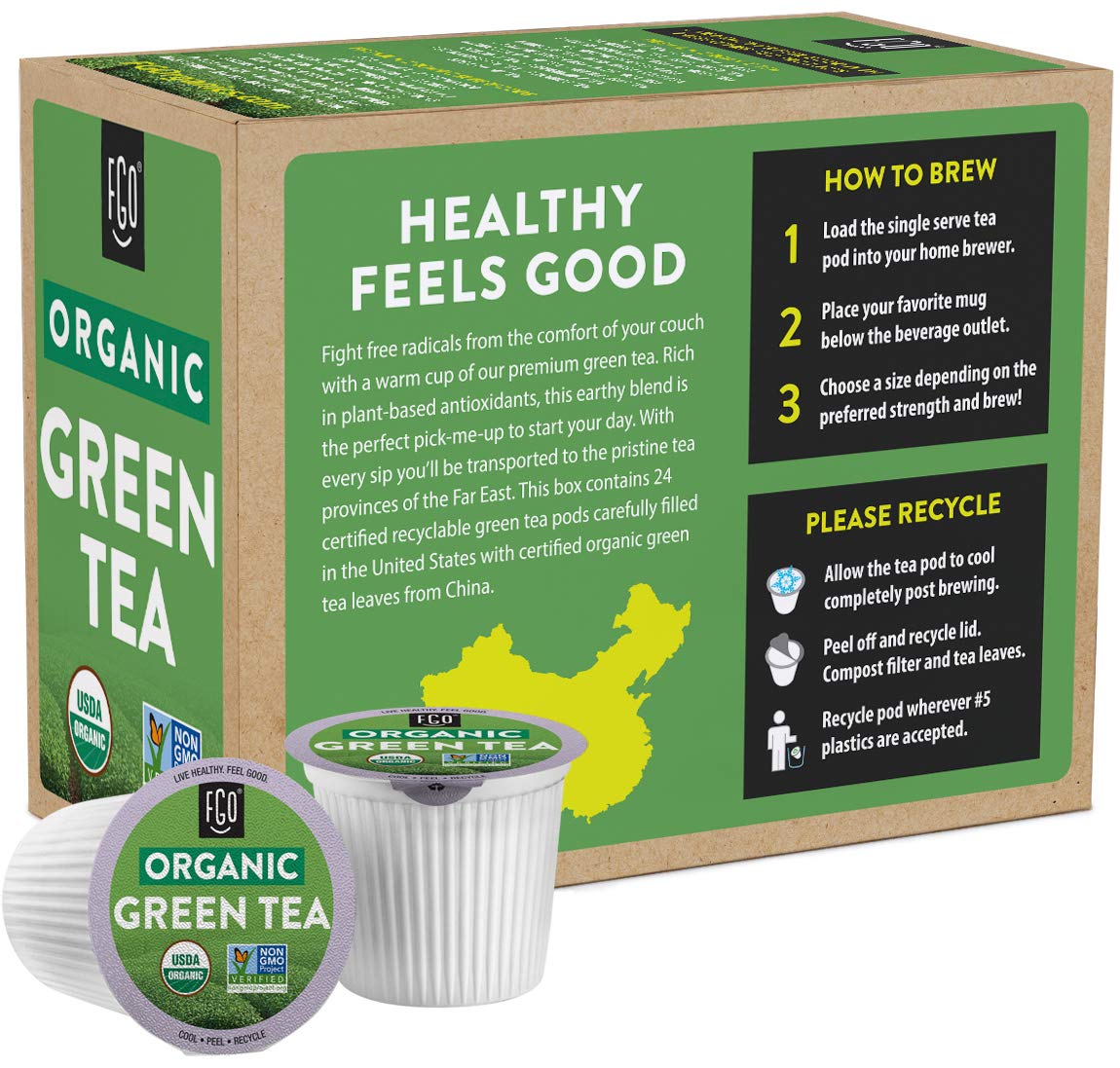 FGO Organic Green Tea K-Cup Pods for Keurig, 24 Count (Pack of 1), Premium Green Tea is USDA Organic, Non-GMO, & Recyclable with Naturally Occurring Caffeine - Image 6