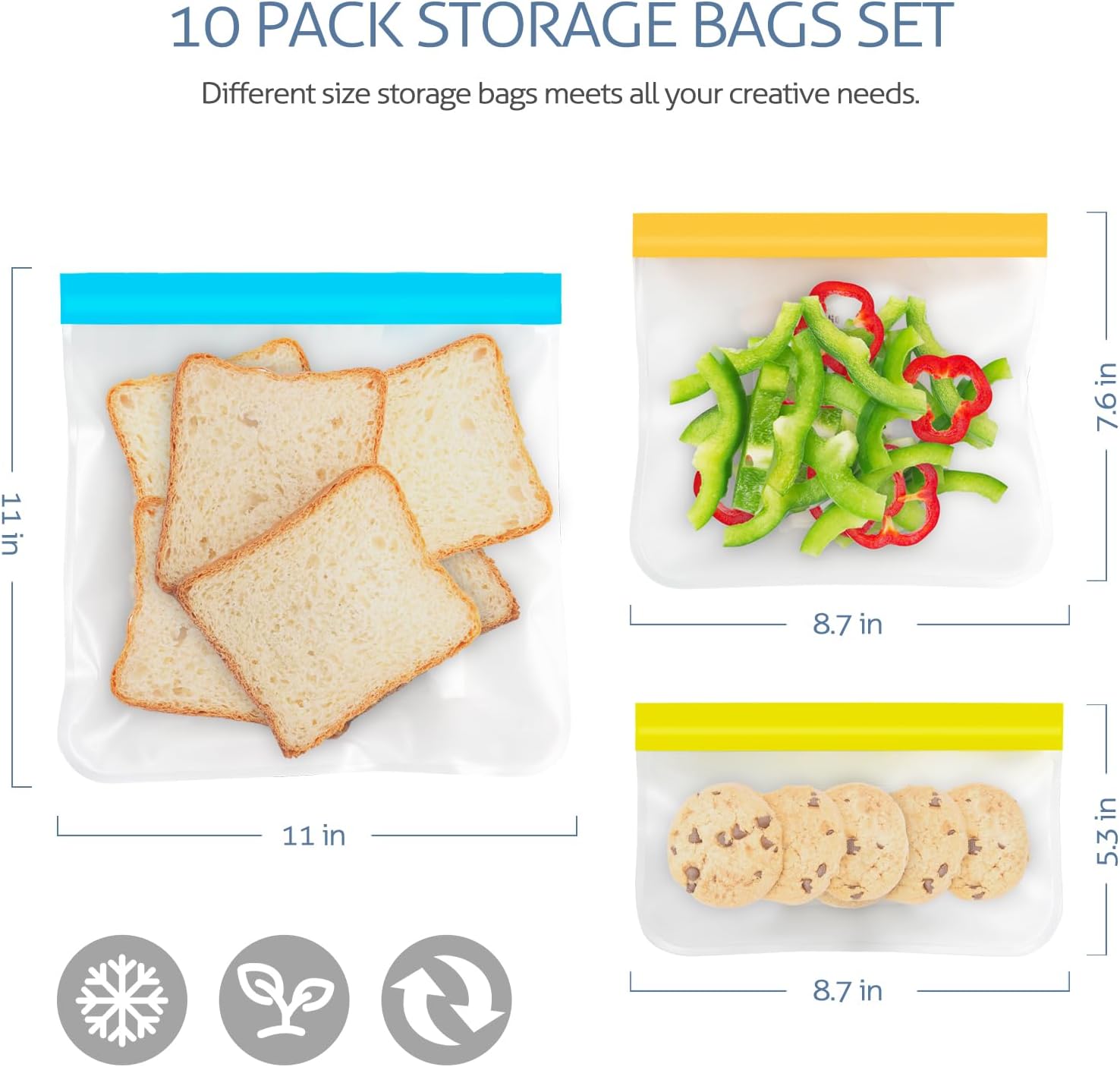 Reusable Storage Freezer Bags, 10 Pack Dishwasher Safe Silicone Food Snack Storage Bags with 3 Sizes for Marinate Meats, Sandwich, Lunch, Cereal, Back to School Supplies - Image 5