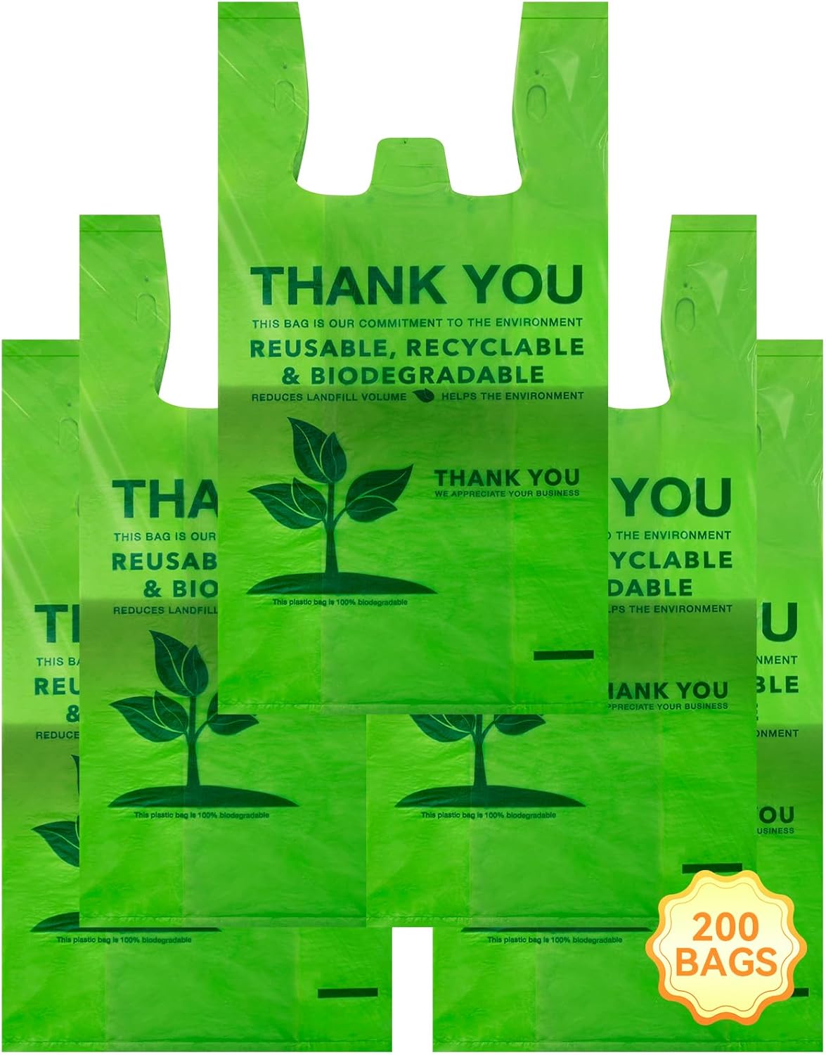 200 Count 100% Biodegradable Thank You Bags – Compostable, Recyclable, Eco-Friendly Grocery T-Shirt, 11.5" x 6.25" x 21", 16 Mic - Image 2