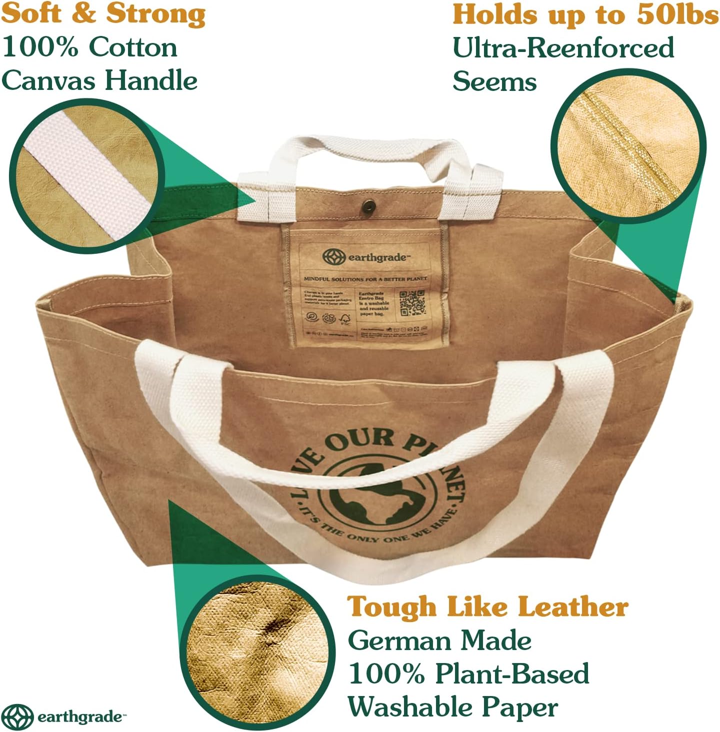 Reusable Grocery Bag – Large Sustainable Washable Paper Tote with Reinforced Seams. Foldable and Durable. - Image 4