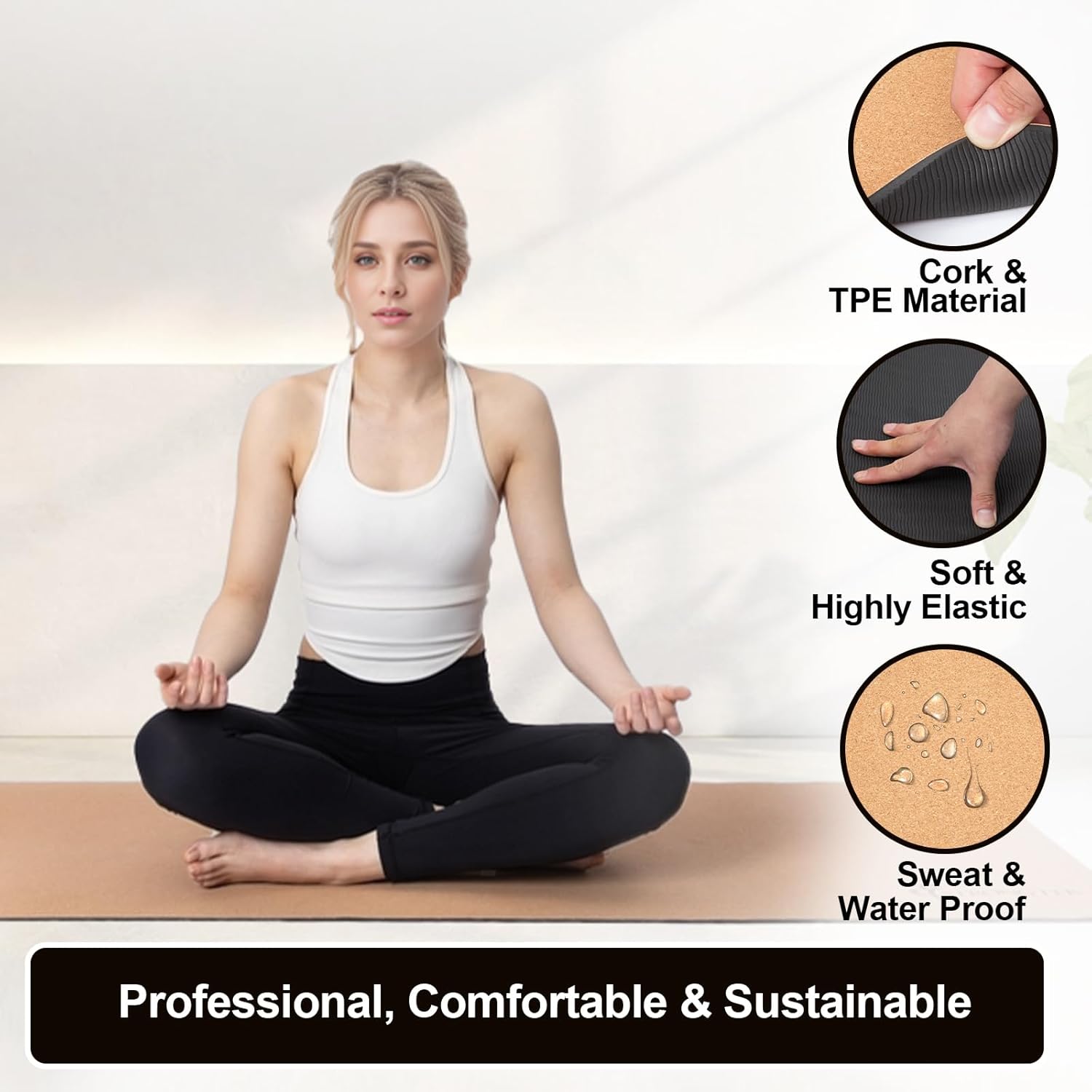 StrongTek Eco-Friendly Cork Yoga Mat, 7mm Thick, 72"x24", Cork+TPE, 2 lbs, Non-Slip, Lightweight & Cushioned Mat for Hot Yoga, Pilates & Home Fitness, Durable Surface with Natural Grip and Carry Strap - Image 5