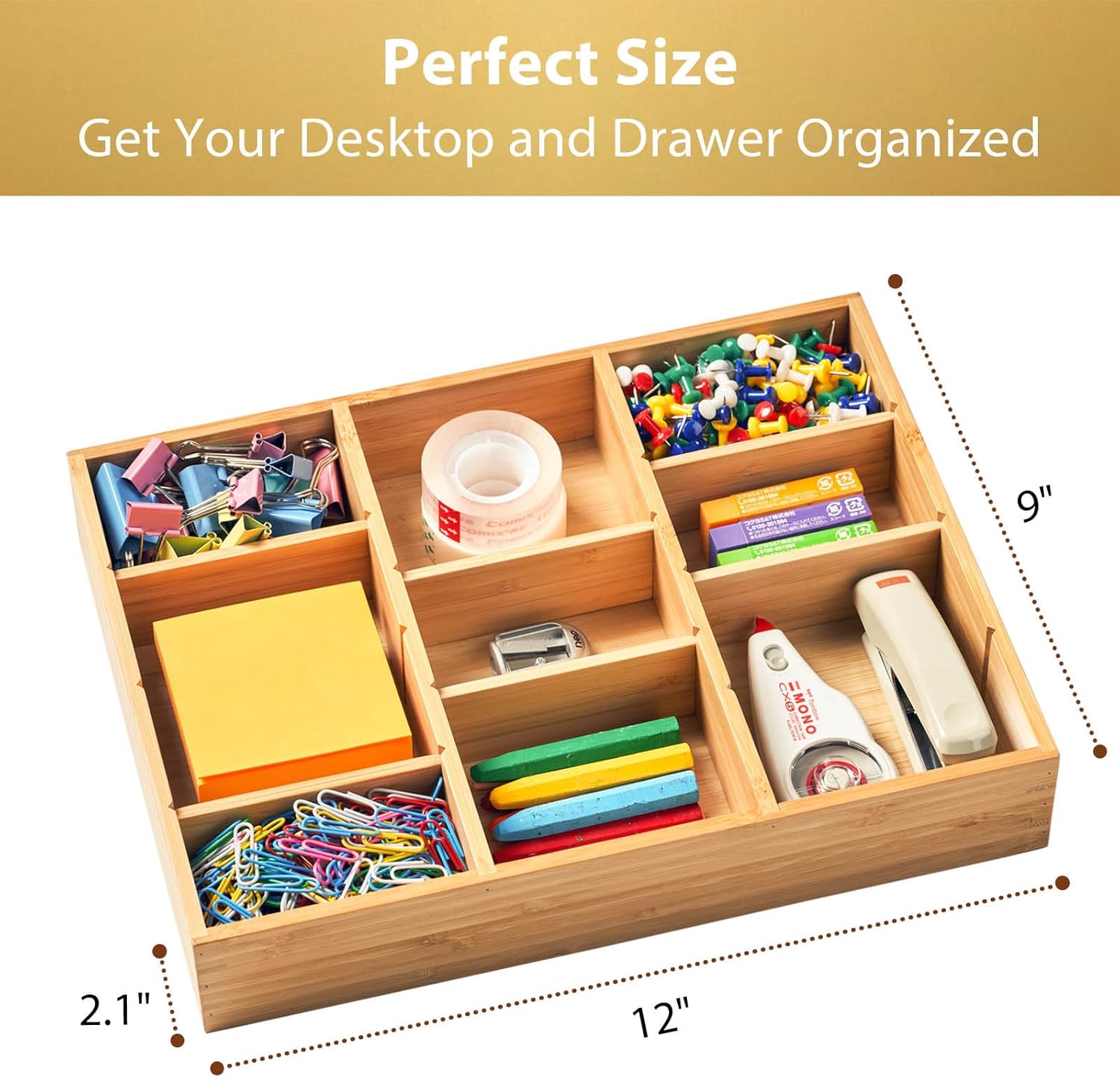 Umilife Desk Drawer Organizer, Bamboo Wood Organizer Tray with Adjustable Compartments, Office Desk Accessories Supplies Organization Storage, 12" x 9" - Image 4