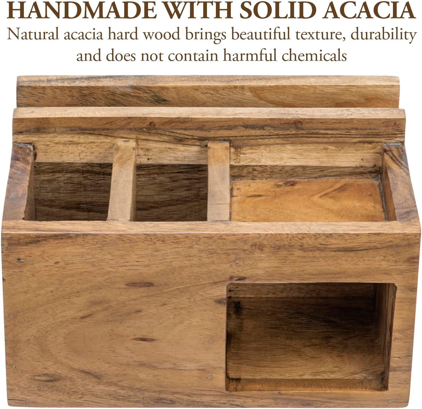 MyGift Rustic Solid Acacia Wood Office Desktop Stationery Organizer, Desk Caddy with Mail Slot, 2 Pen Holders, Sticky Note Storage, and Supplies Tray - Handcrafted in India - Image 3