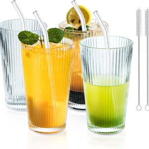 KEMORELA 4-Pack Ribbed Drinking Glasses, 16 oz Vintage Highball Cups with Glass Straws, Old Fashioned Glasses, Elegant Tumblers for Water, Juice, Whiskey – Perfect for Iced Coffee and Cocktails