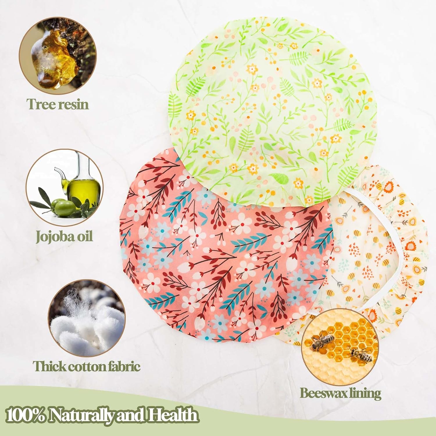 3 Pcs Reusable Bowl Lids - Eco Friendly Beeswax Food Packaging - Elastic Fabric Bowl Covers - Sustainable Food Storage Cotton Bread Lids for Leftover, Fruit, Salads - Image 4