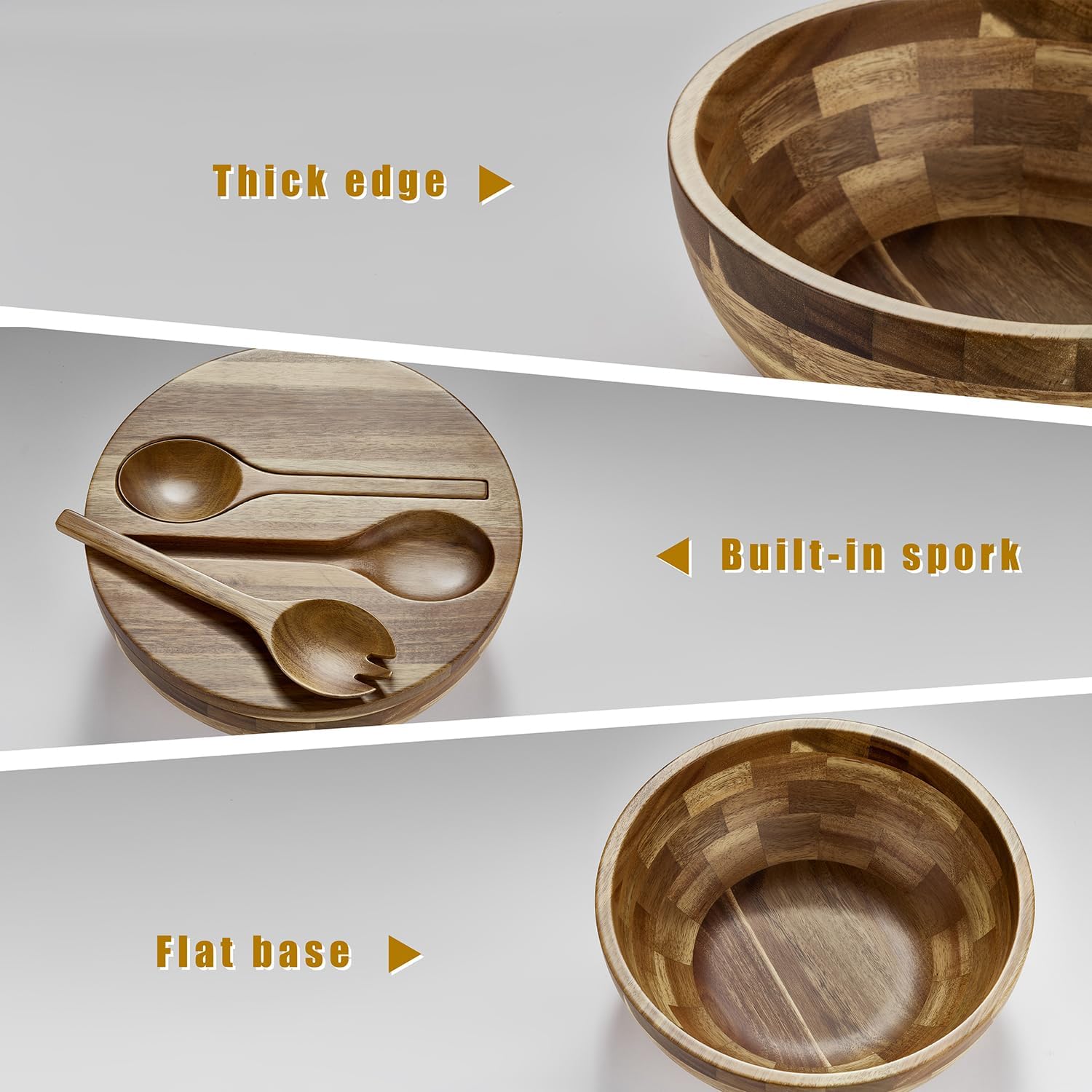 JOYMAY Salad Bowls Wood Salad Bowl Set with Lid Acacia Wood Serving Bowl for Fruits or Salads 10.5" Large Serving Bowl with Serving Utensils, 4 Piece Wooden Mixing Bowl Set for Kitchen, Picnic - Image 5