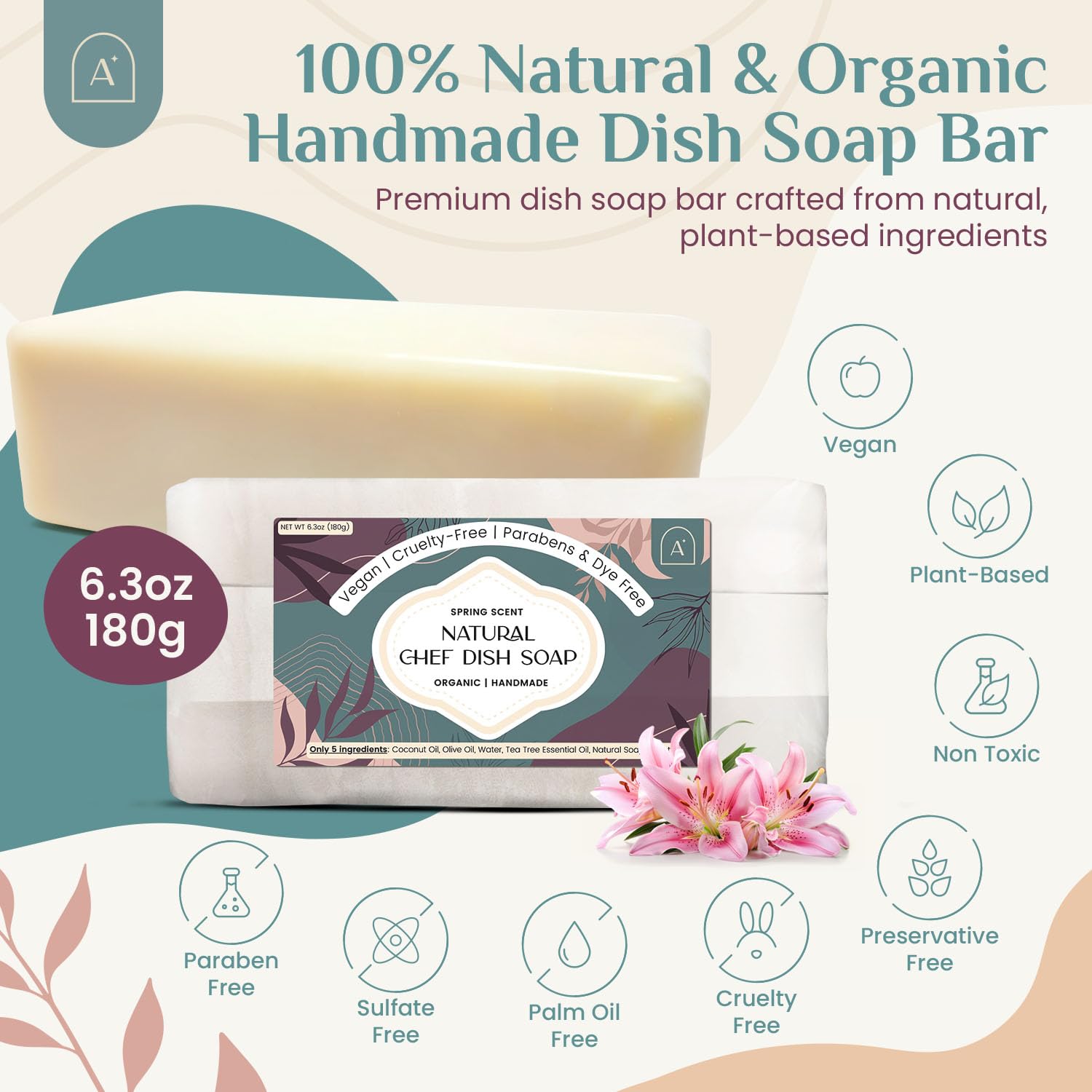 All Natural Dish Soap Bars - Bar Soap for Dishes, Biodegradeable Dish Soap Block, Kitchen Soap, All Natural Non Toxic, Low Waste Kitchen Dishwashing Bar Soap-Spring Scent (1 Pack, 6.3oz) - Image 2