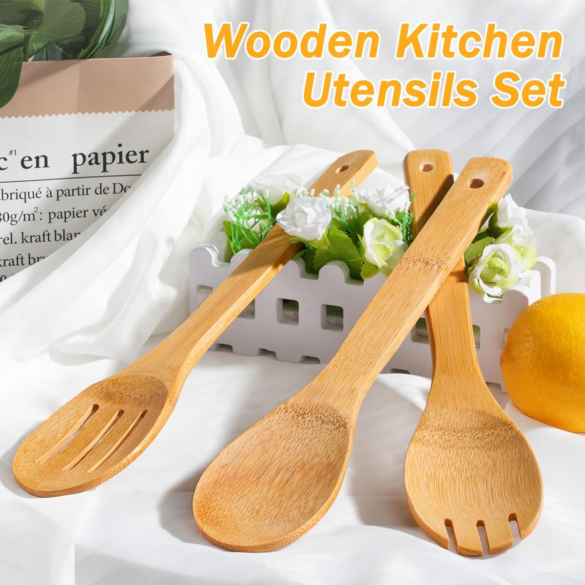 IOOLEEM Bamboo Wooden Spoons for Cooking 6 Pcs 12 Inch, Non-Stick Wooden Kitchen Utensils Set, Natural and Durable Wooden Spatula Spoons for Non-Stick Pan for Cooking - Image 6