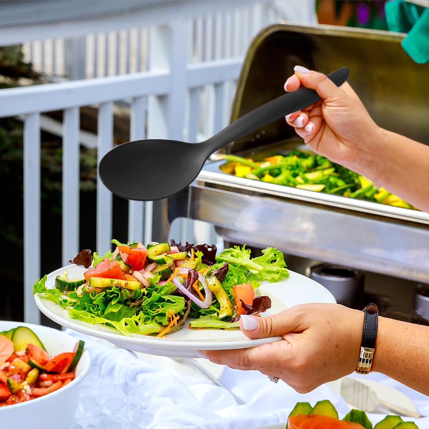 Reusable Plastic Serving Utensils Set of 24, Wheat straw Large Serving set 10" Serving Spoons/10" Slotted Spoons/9.4" Tongs, for Party Chafing Dish Buffet Catering (Black, Not for Cooking) - Image 7