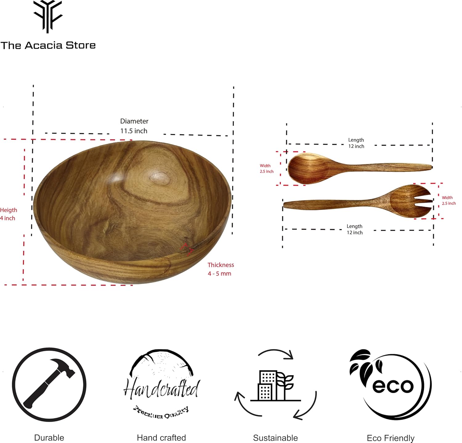 11.5 inches Acacia Wood Salad Bowl Set with 1 set spoon and fork, in a gift box, made from one pc solid acacia wood, made in Vietnam. - Image 3