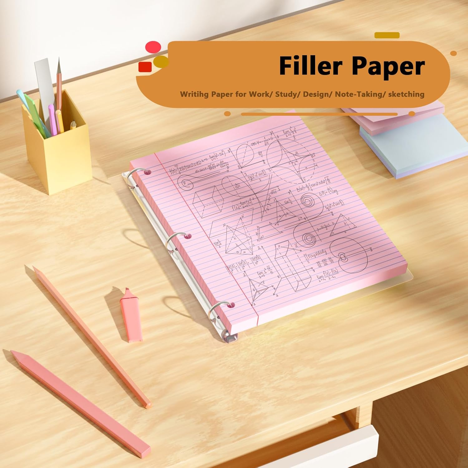 Pink Loose Leaf Paper 100 Sheets Colored Filler Paper 8 * 10.5 College Ruled 3-Hole Punched Paper for 3-Ring Binders Notebook Lined 8" x 10.5" - Image 4