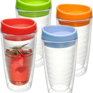 Lily’s Home Set of 4 Double Wall 16oz Travel Cups with Multi-Color Lid, Reusable Insulated Plastic Tumblers, BPA Free, Handwash Only – Perfect for Iced Coffee and Cold Drinks, Indoor/Outdoor Use