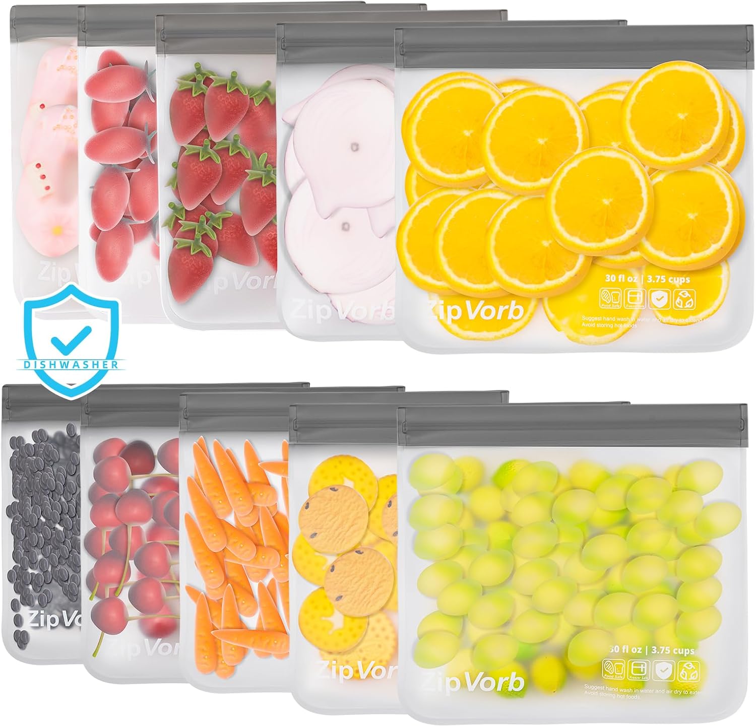 10-Pack Reusable Sandwich Freezer Bags - Dishwasher Safe, BPA-Free, Leakproof for Meat, Cereal, Veggies & Kitchen Storage Organization Grey - Image 2