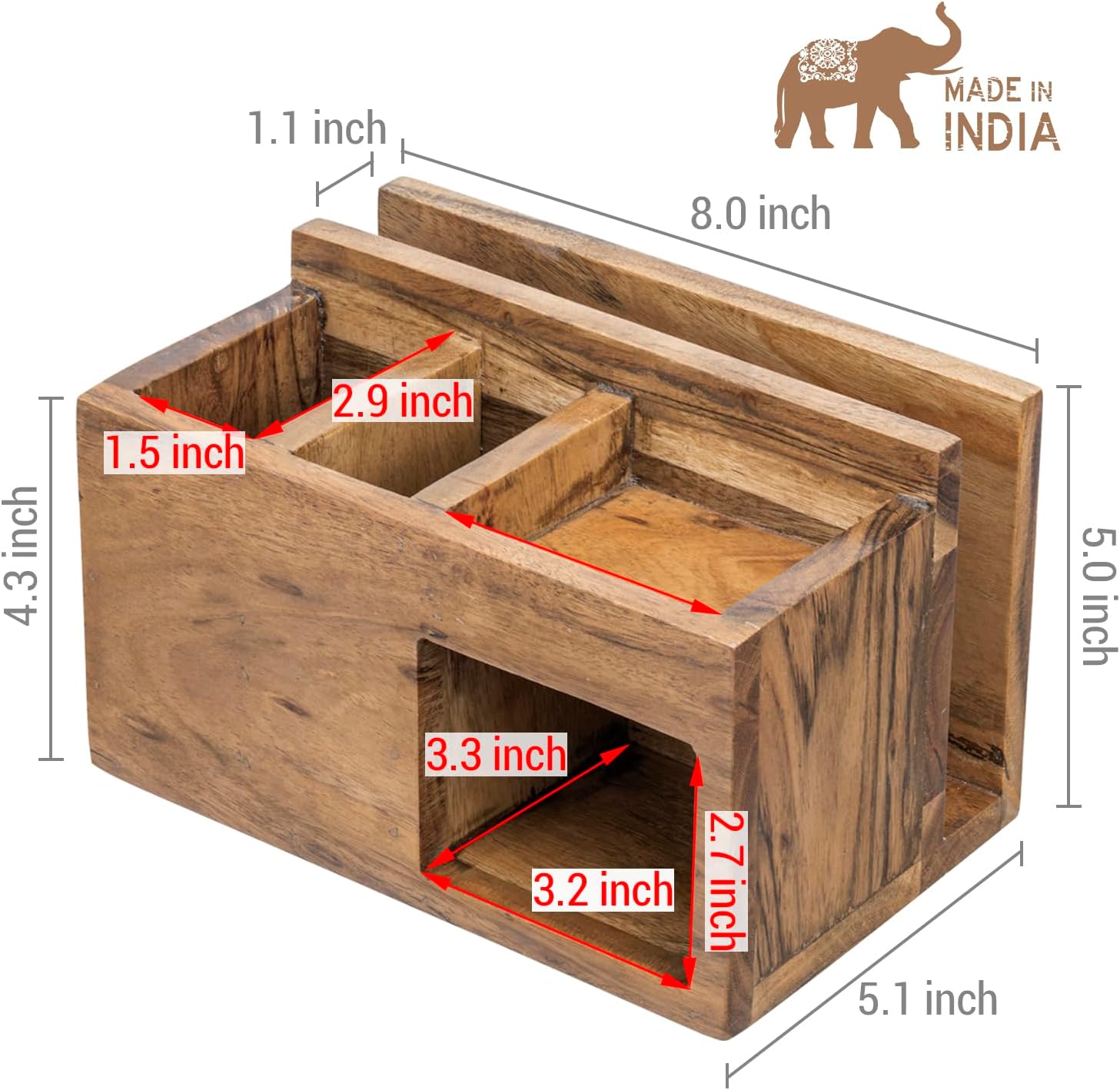 MyGift Rustic Solid Acacia Wood Office Desktop Stationery Organizer, Desk Caddy with Mail Slot, 2 Pen Holders, Sticky Note Storage, and Supplies Tray - Handcrafted in India - Image 6