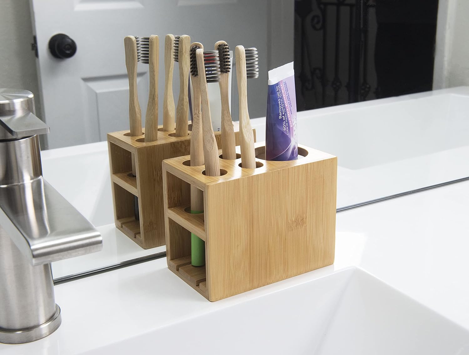 Toothbrush Holder, Stores 4 Toothbrushes and 1 Toothpaste, Made of 100% Sustainable Bamboo, Stylish Bathroom Organizer Accessory, Easy to Clean and Odor Resistant - Image 5