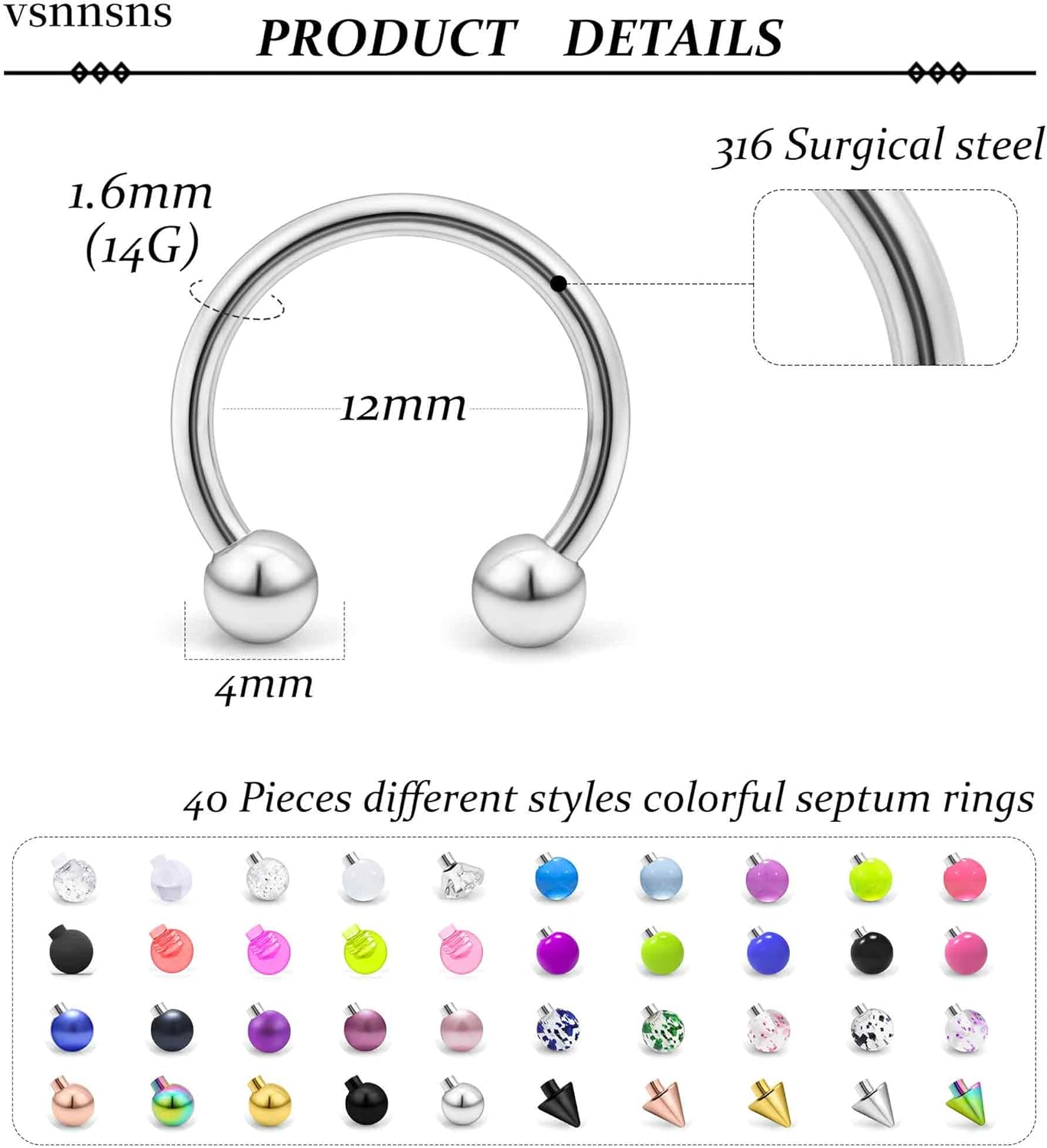 Vsnnsns 14G 16G 18G Septum Rings Piercing Jewelry 316L Stainless Surgical Steel Horseshoe Septum Nose Rings Snake Bite Lip Ring Daith Rook Earrings Smiley Piercing Jewelry for Women Men 8MM 10MM 12MM - Image 3