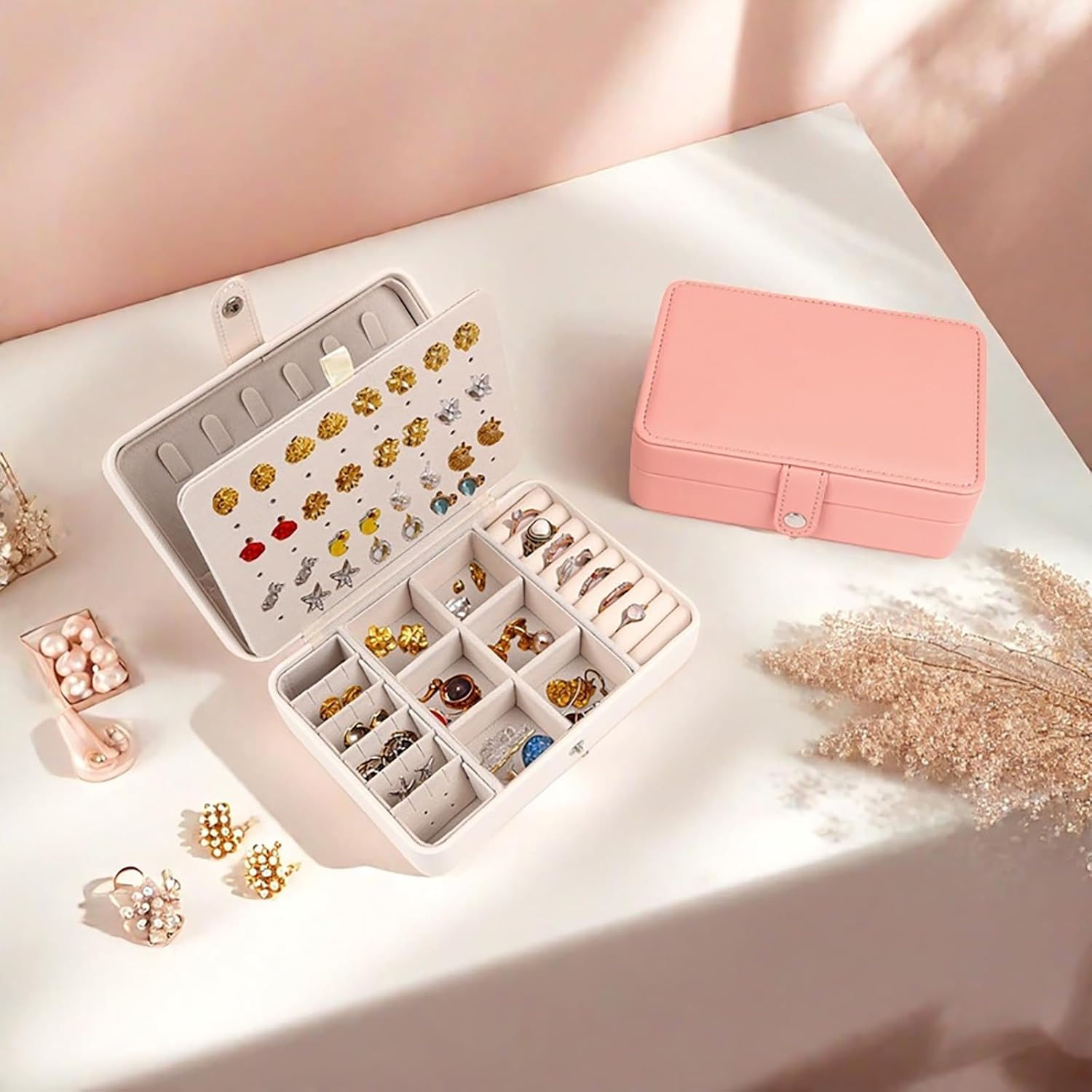 Travel Jewelry Box for Women - Pink PU Leather Portable Travel Jewelry Case with Earring Holder & Multi-Layer Organizer, Stylish Small Jewelry Storage Gift for Girls on The Go - Image 3