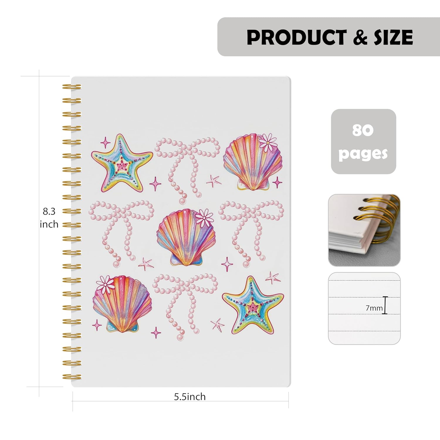 Evcprz Coquette Seashell Beach Spiral Notebook, Pink Coastal Journal, Preppy Ocean Journals, Girly Office Supplies, Beach Lover Gifts, Trendy Pearl Conch Beachy Notebooks 5.5x8.3 Inch - Image 3