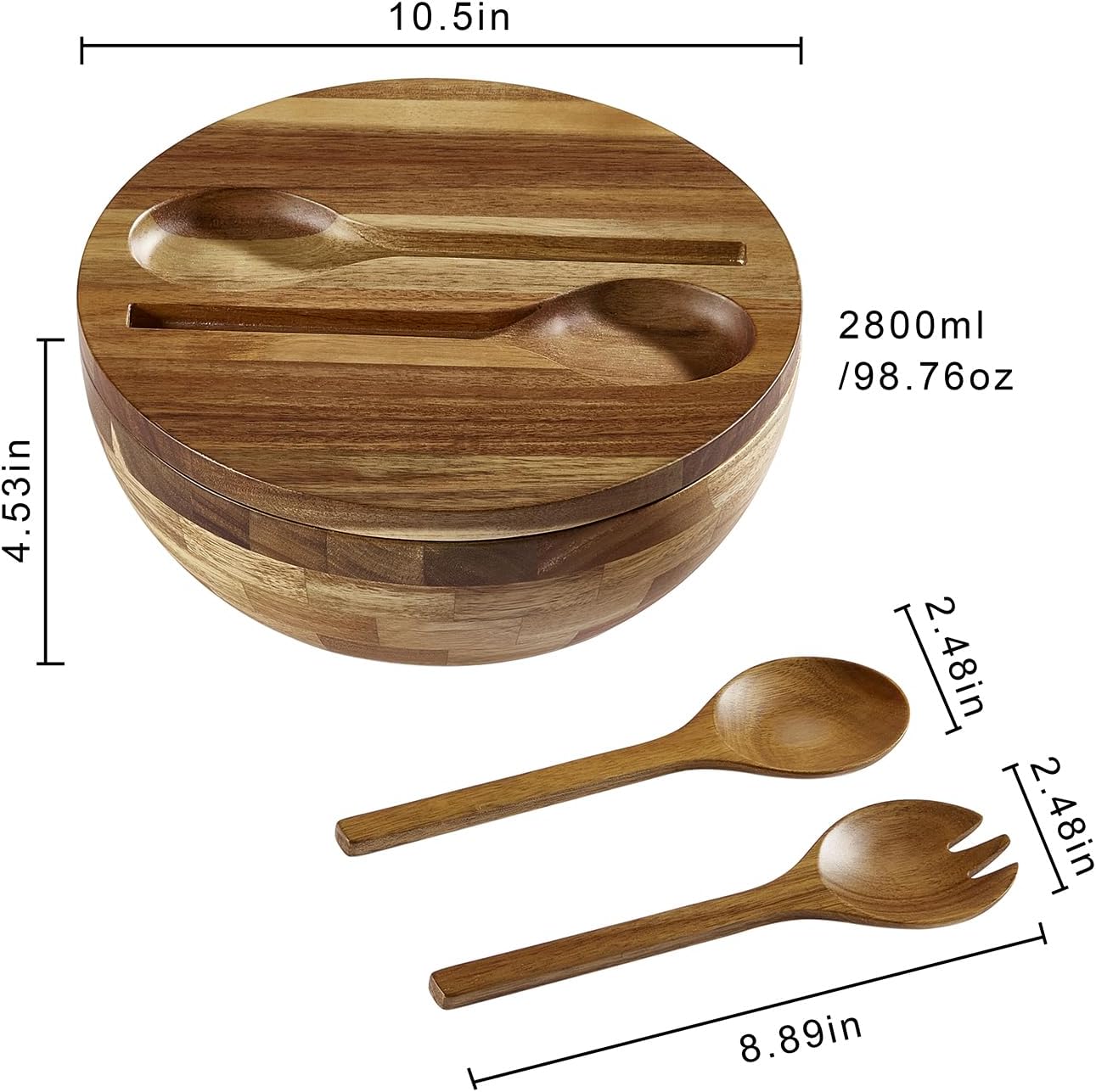 JOYMAY Salad Bowls Wood Salad Bowl Set with Lid Acacia Wood Serving Bowl for Fruits or Salads 10.5" Large Serving Bowl with Serving Utensils, 4 Piece Wooden Mixing Bowl Set for Kitchen, Picnic - Image 3